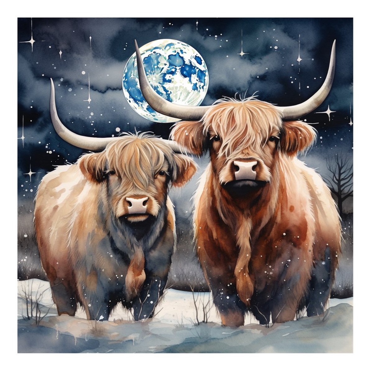 Highland Cows In The Moonlight 3 Fabric Panel
