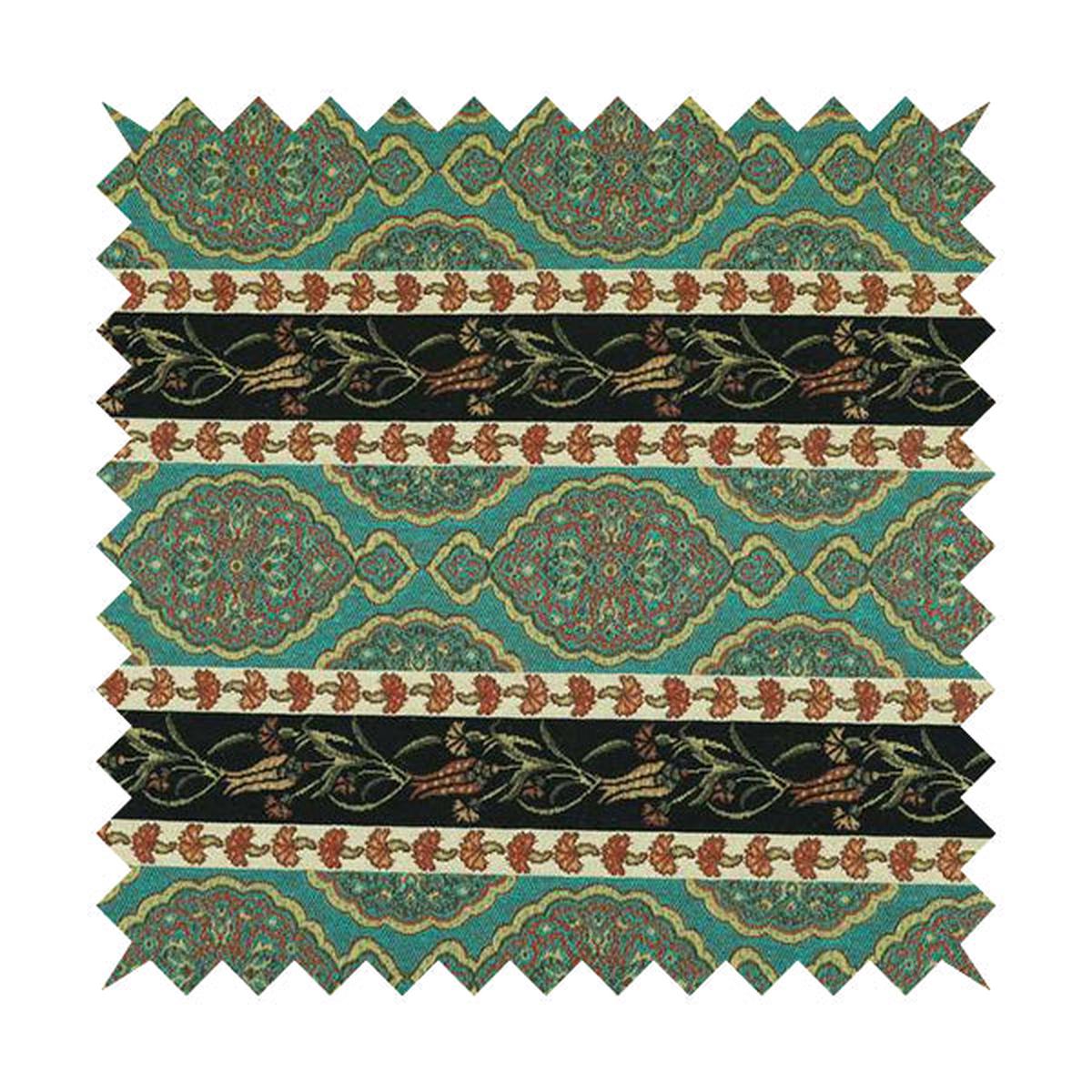 Persia Aztec Teal Blue Colour Chenille Upholstery Fabric Floral Stripe Pattern CTR-768