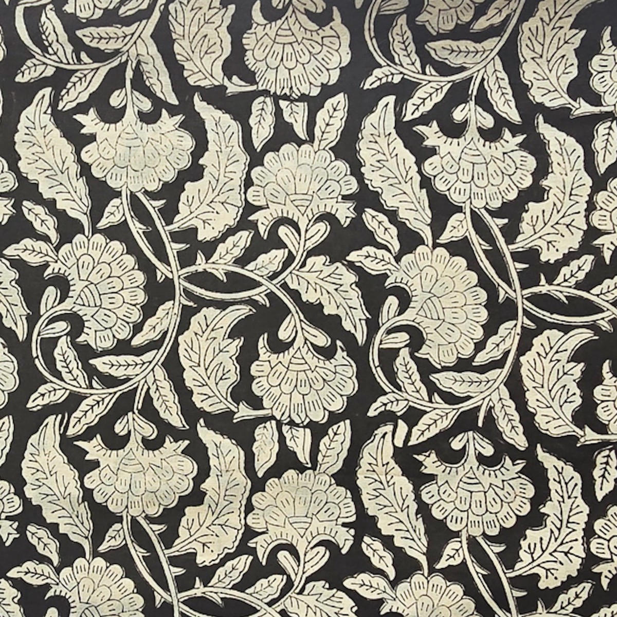Pure Cotton Bagru Black With Cream Flower Jaal Hand Block Print Fabric