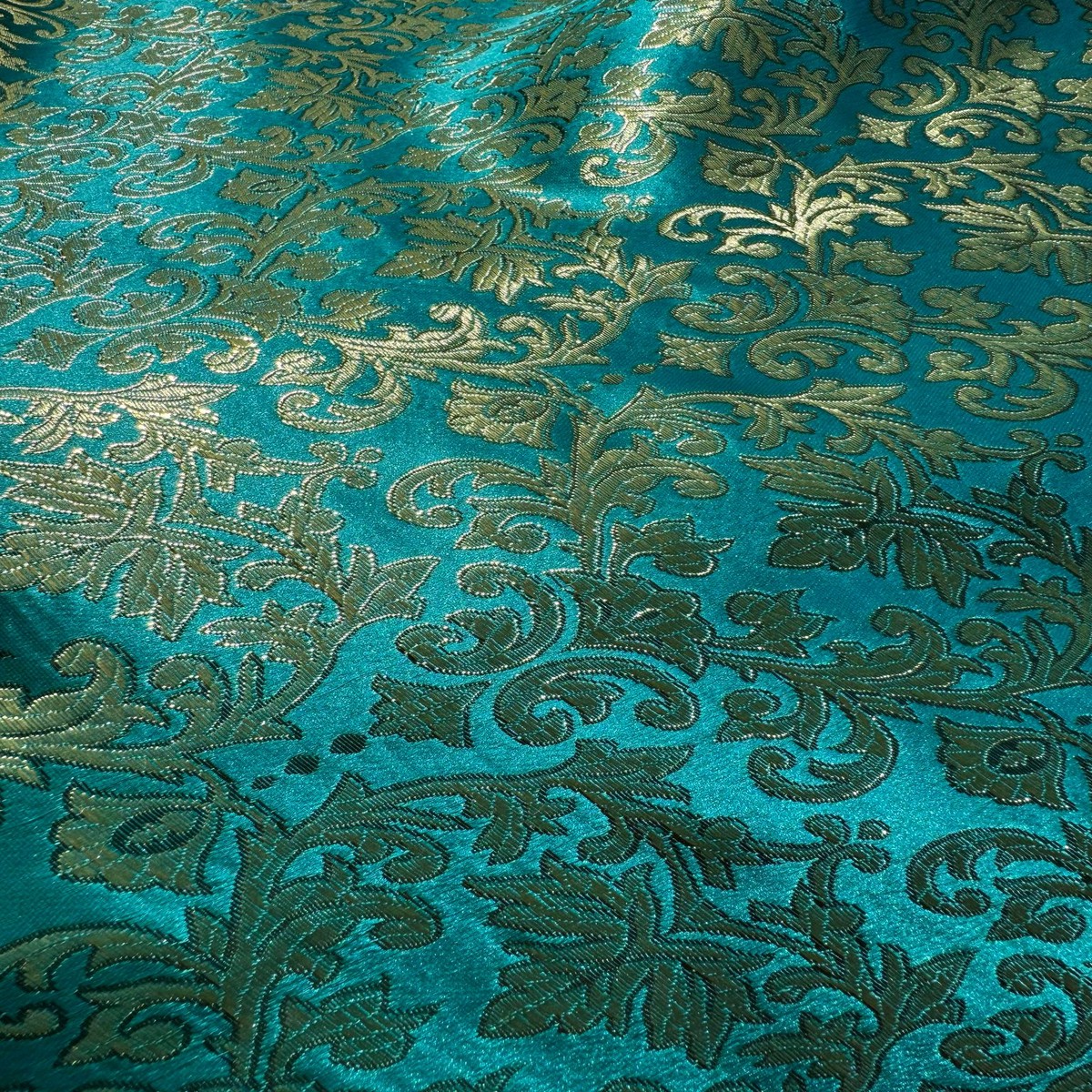 Emerald Green & Gold Leaves Damask - Faux Silk Brocade Jacquard Fabric