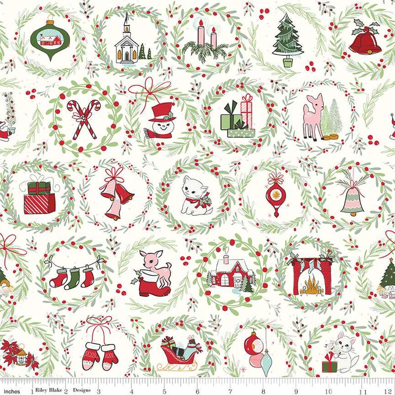 Fabric Riley Blake Cloud Wreaths Mistletoe & Holly by the Quarter Yard C16401-CLOUD