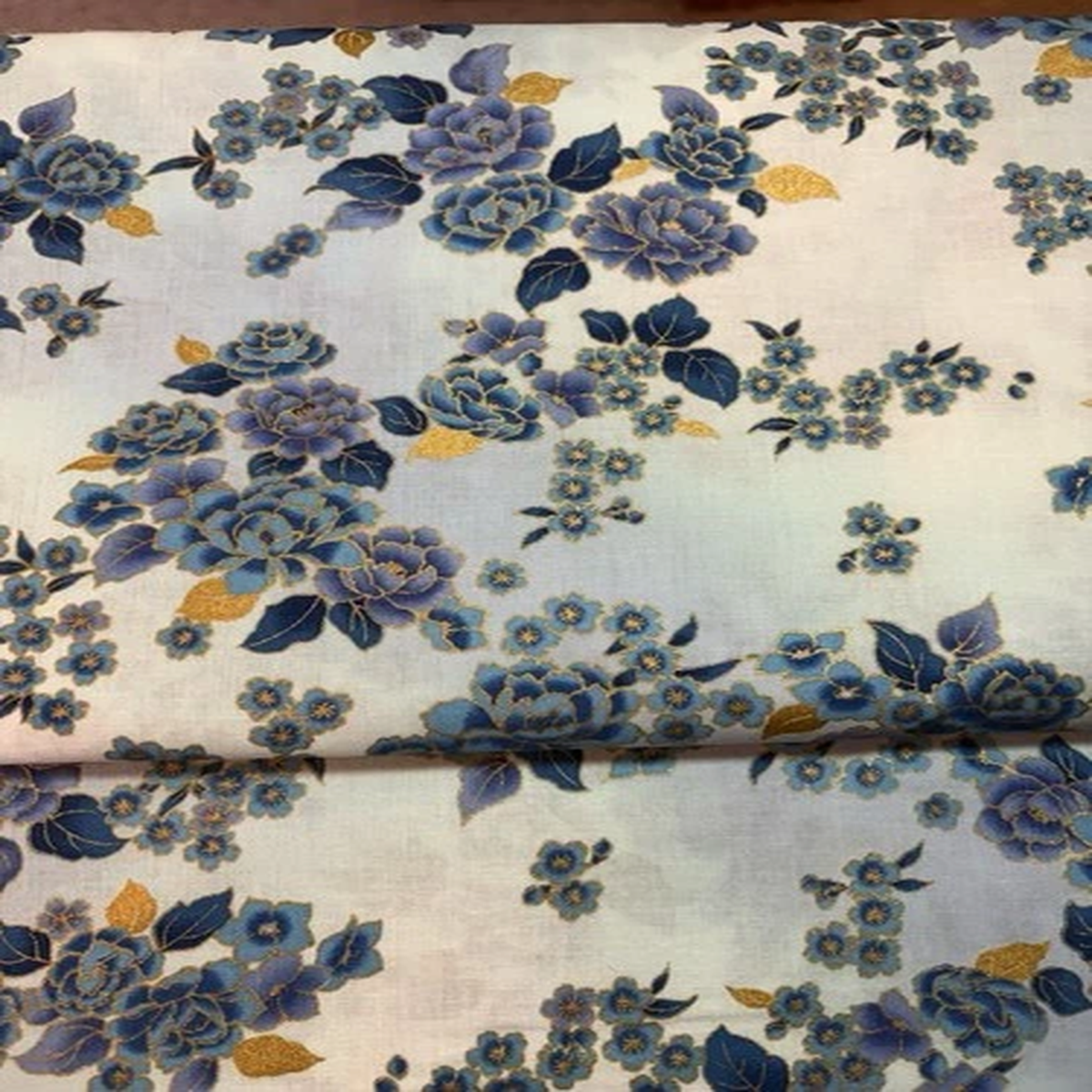 Hoffman Fabric Graceful Garden Blue Floral gold Metallic Asian style choice