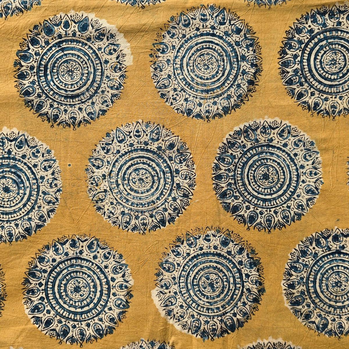 Pure Cotton Soft Kalamkari Musted With Blue Mandala Design Hand Block Print Fabric
