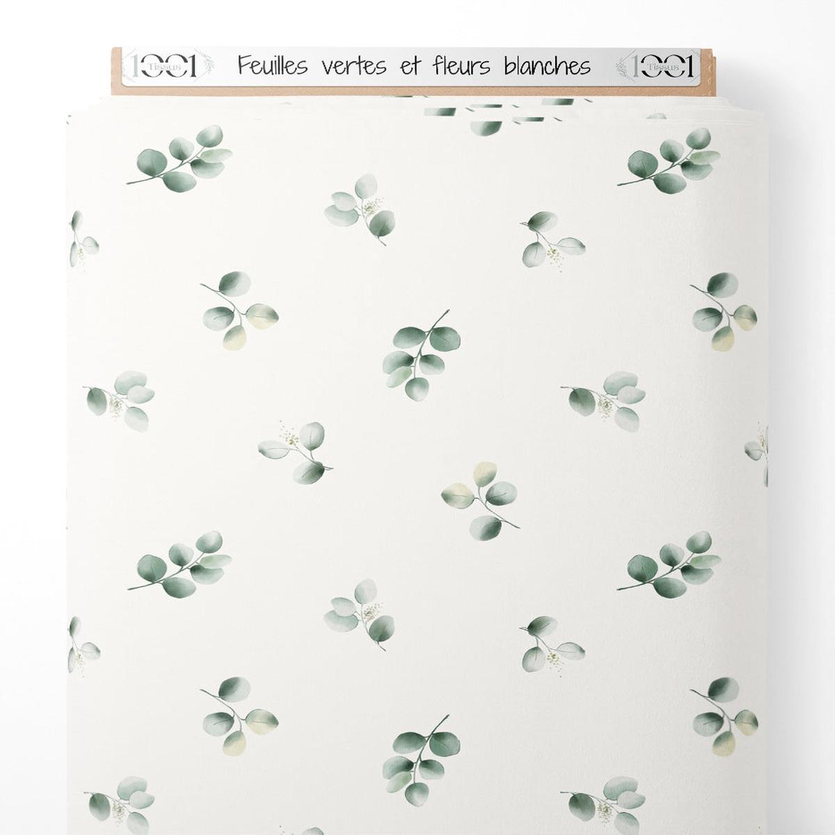 Tissu - Feuilles vertes et fleurs blanches
