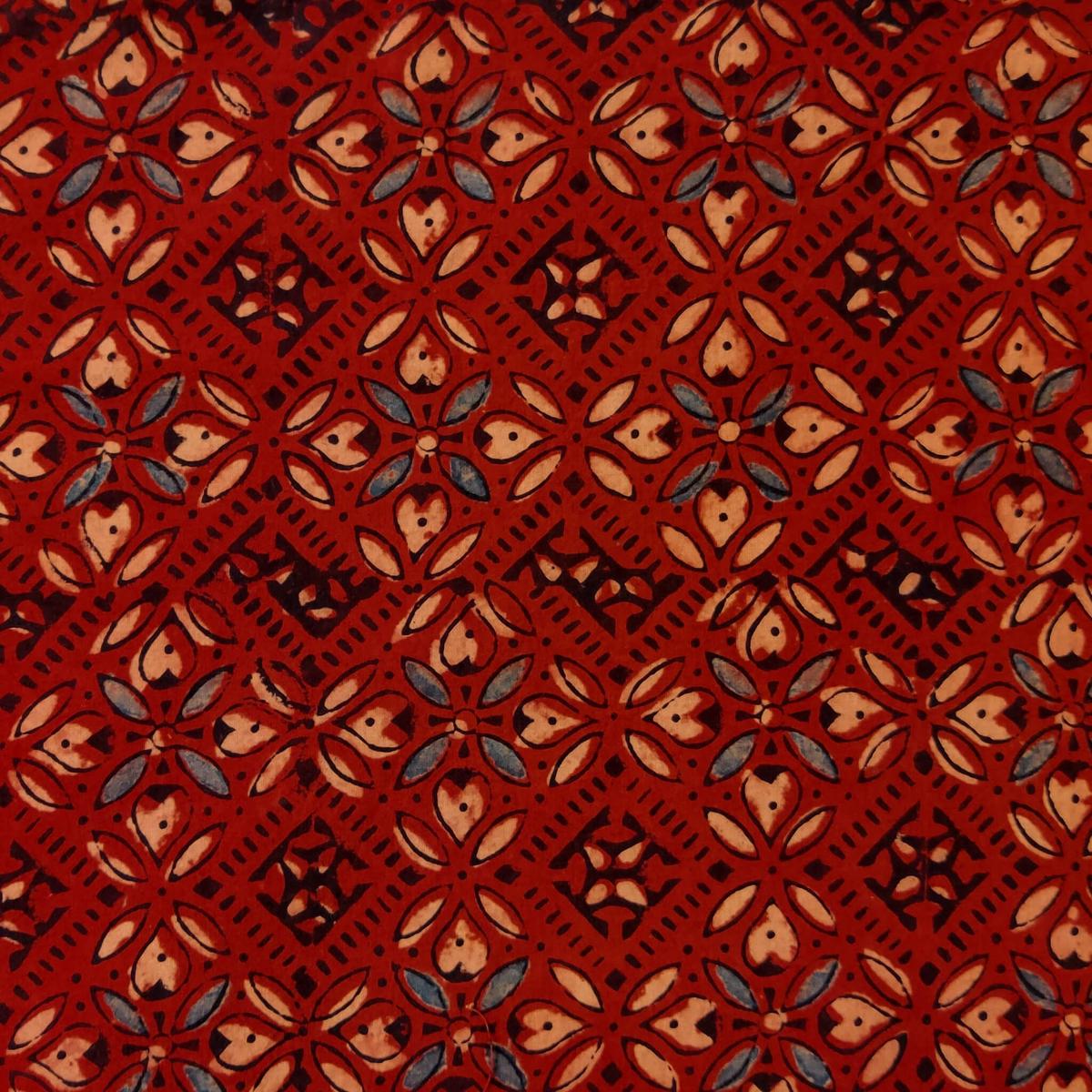 Pure Cotton Ajrak Madder With Beige Blue Black Persian Tiles Hand Block Print Fabric