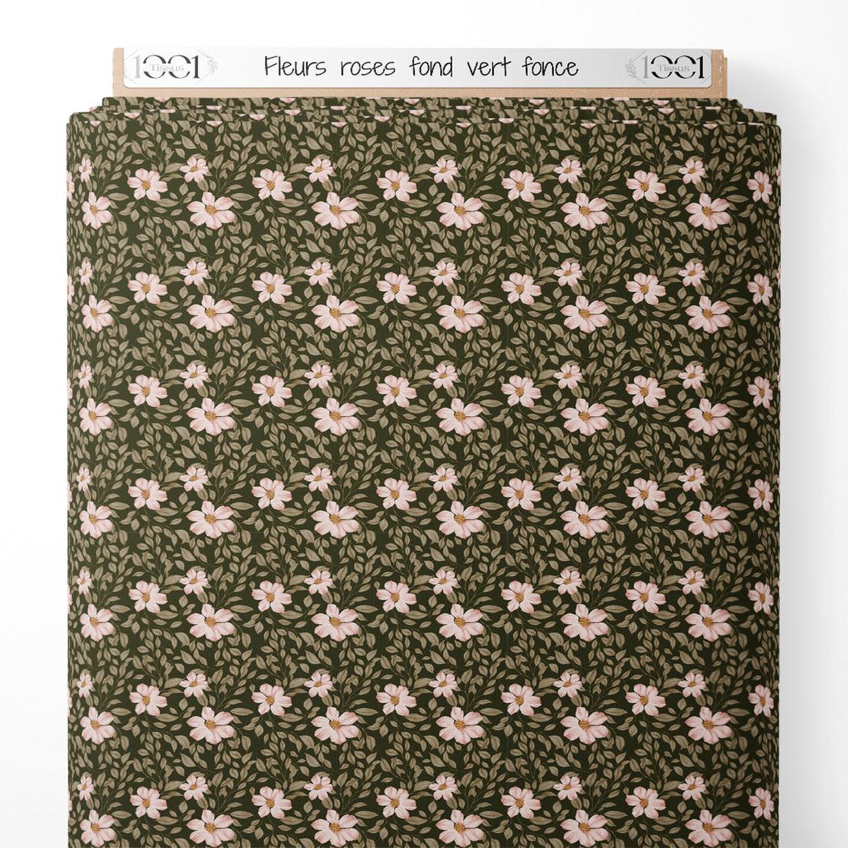 Tissu - Fleurs roses sur fond vert fonc