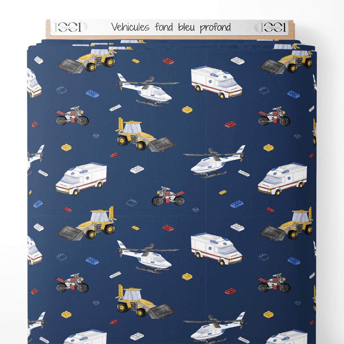 Tissu - Vhicules sur fond bleu profond