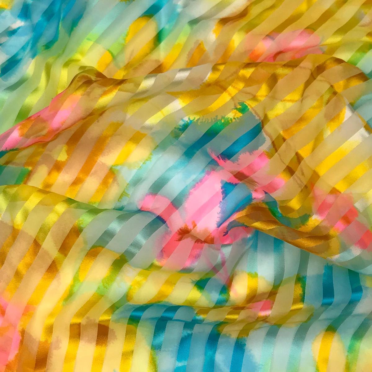 UNBOXING-Watercolour Wonder - Screen printed Chiffon Nylon Woven - Yellow Multi Striped And Floral - 1.4M Bundle