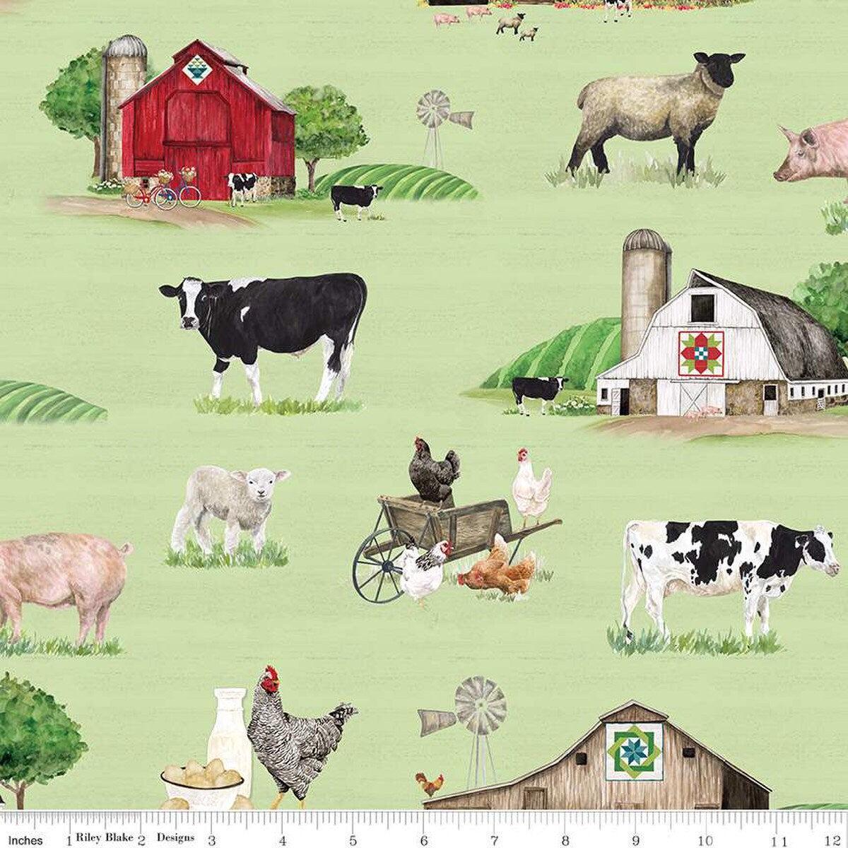 SALE Spring Barn Quilts Main CD14330 Green - Riley Blake Designs - DIGITALLY PRINTED Cows Sheep Chickens Pigs Farm Barns - Quilting Cotton