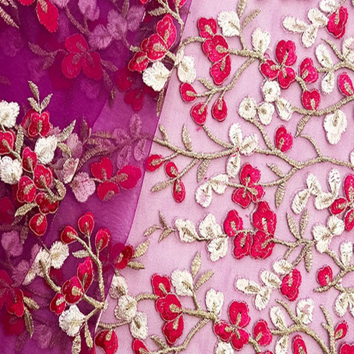 Floral Embroidery Lace on Magenta Mesh