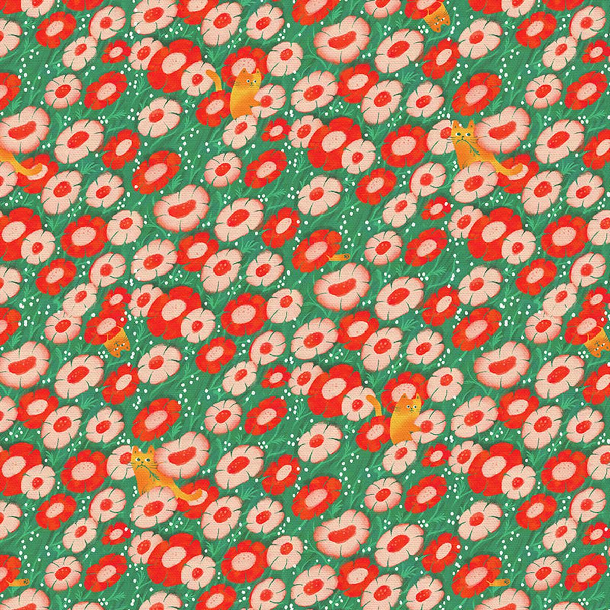 Floral Felines - Red - Double Gauze