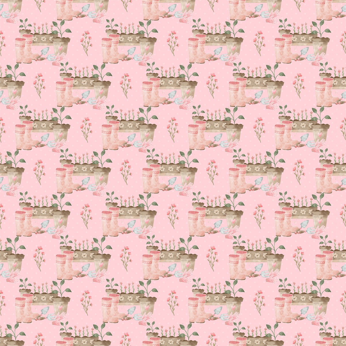 Gardening Tools on Polka Dot Fabric - Pink