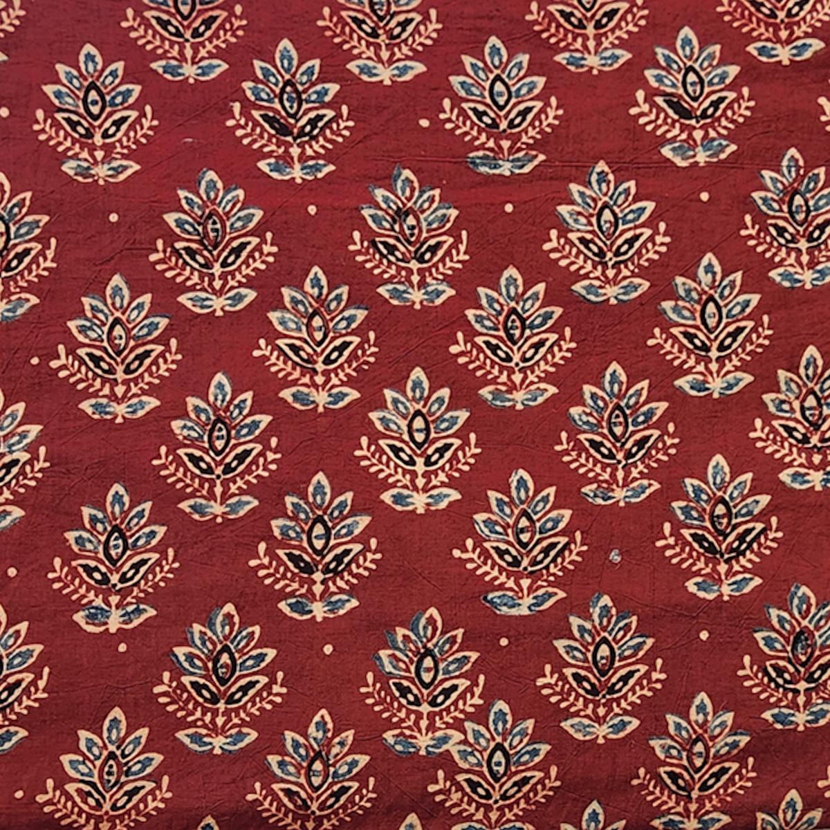 Pure Cotton Ajrak Maroon With Plant Motif Hand Block Print Fabric
