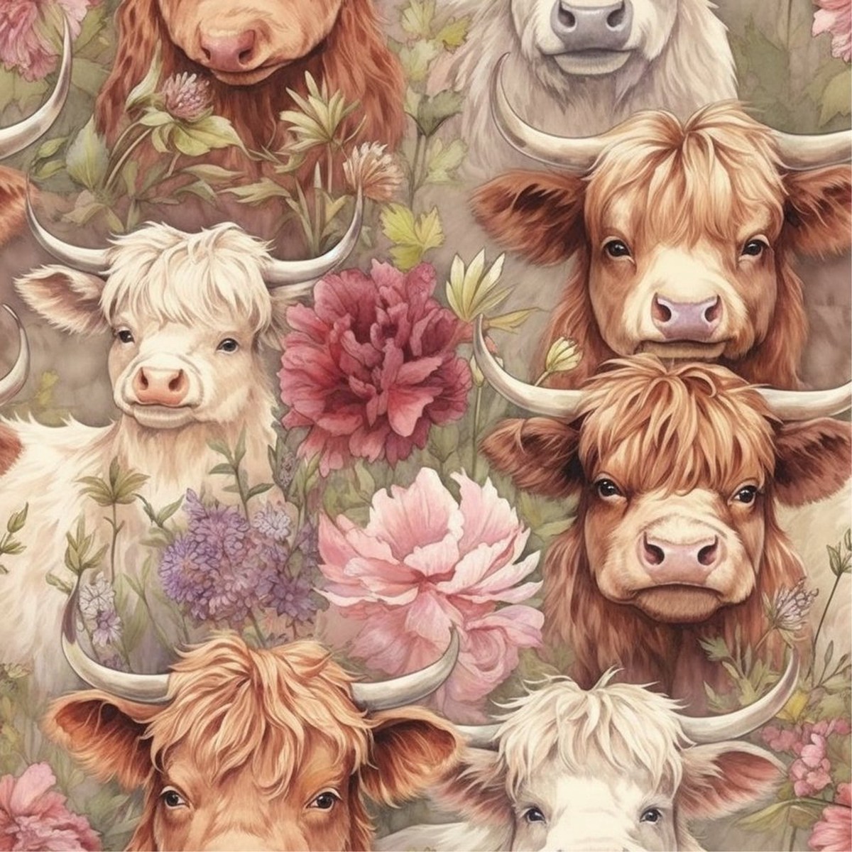 Springtime Highland Cows Pattern 2 Fabric