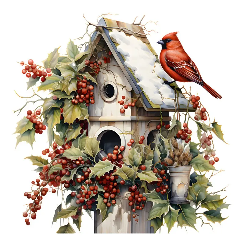 Winter Birdhouse Cardinal #1 Fabric Panel