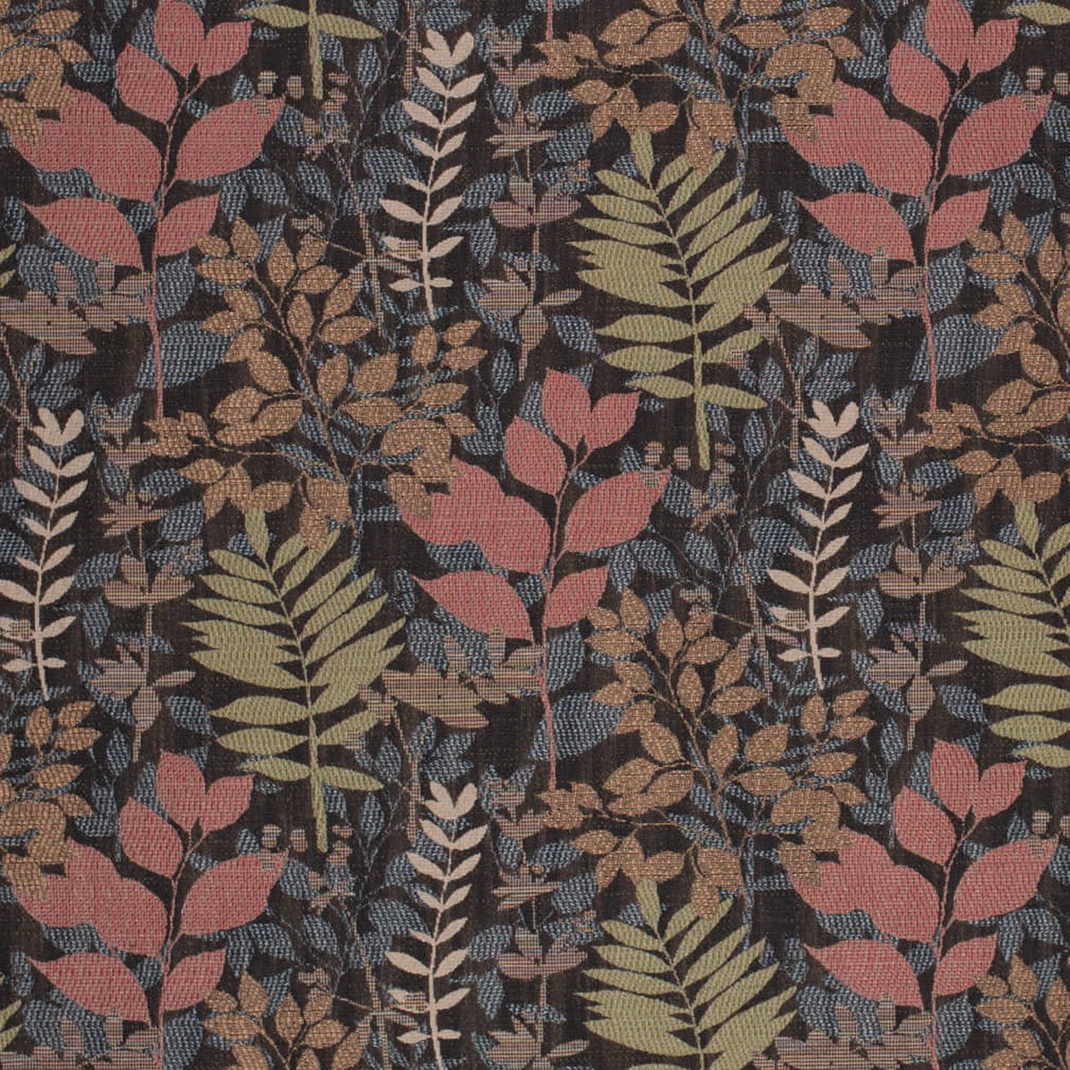 D4382 Leaves,Tropical & Botanical Ebony Black,Blue,Coral & Peach Charlotte Fabrics