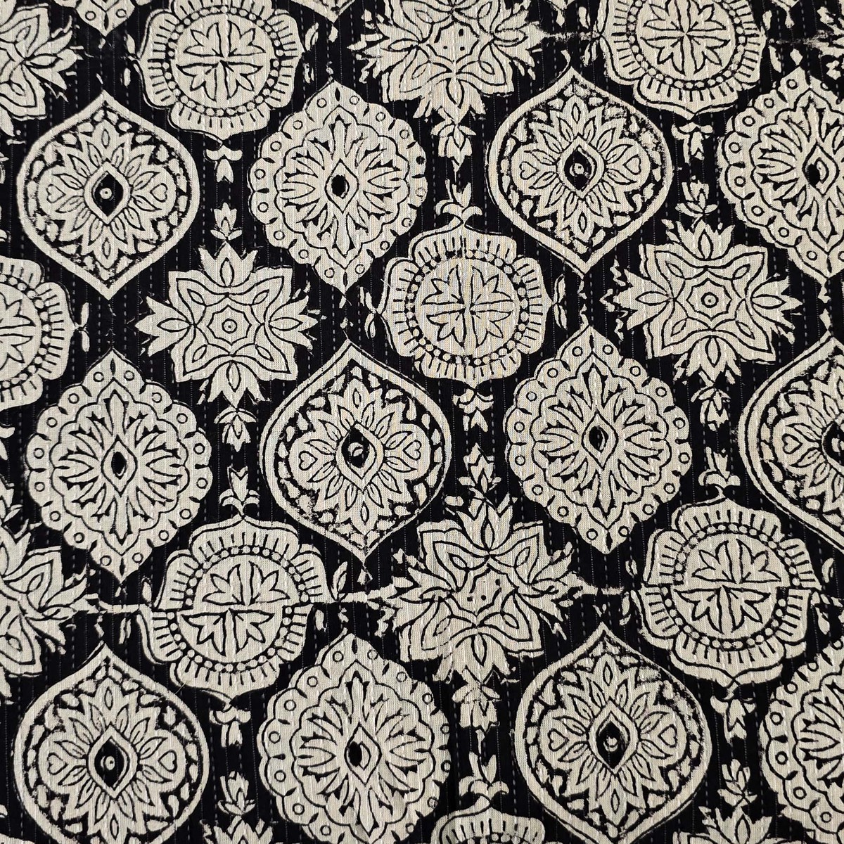 Pure Cotton Bagru Black And Cream Intricate Design Hand Block Print Fabric