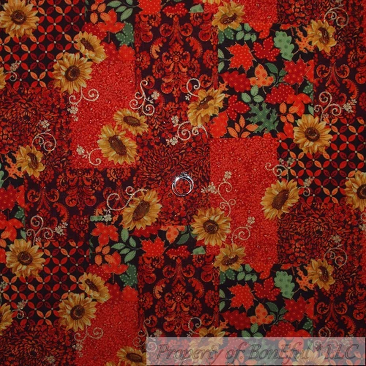 BonEful Fabric FQ Cotton Quilt VTG Orange Pumpkin Sun*Flower Fall Leaf Patchwork