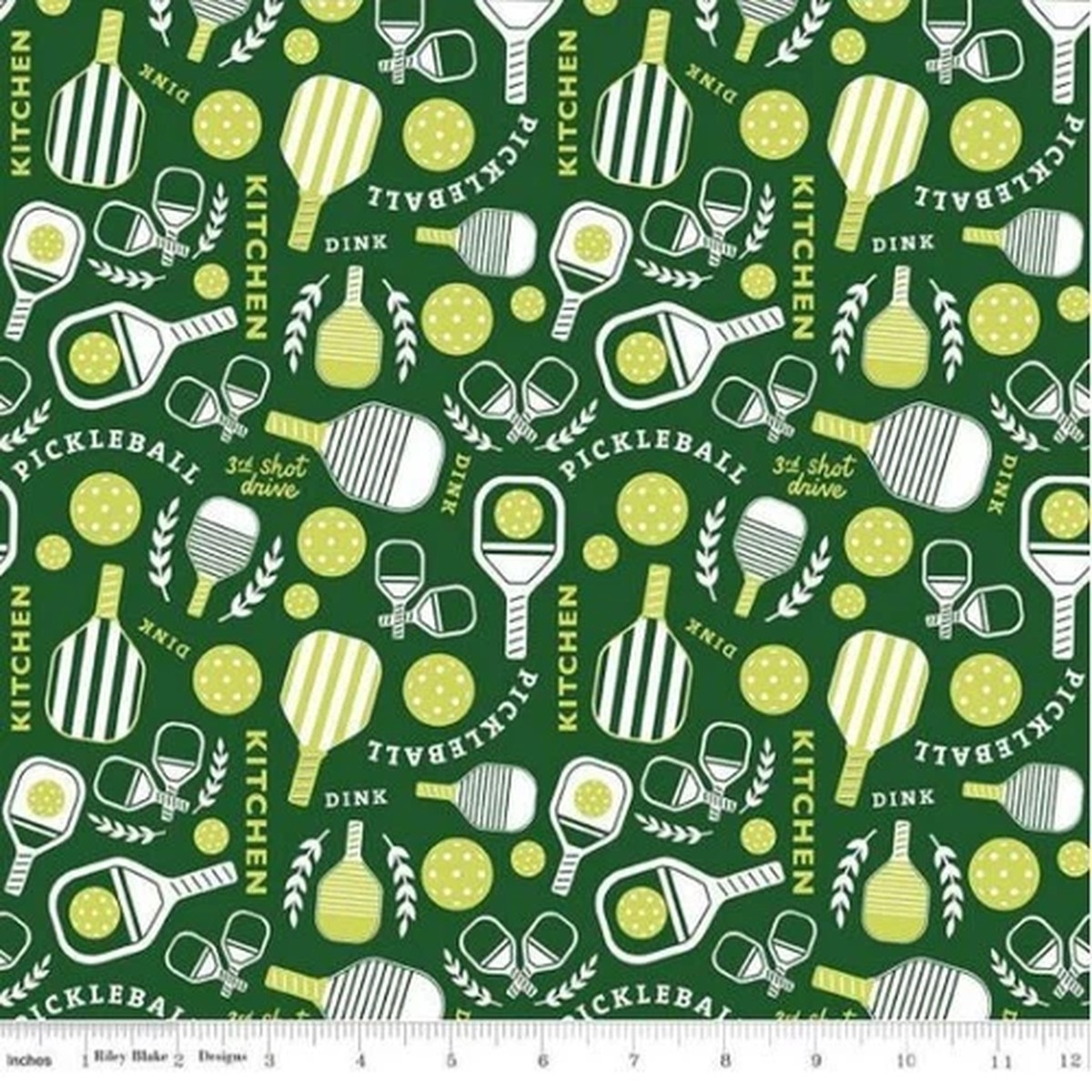 Cotton Pickleball Paddles Balls Games Sports Green Fabric Print by Yard D664.75