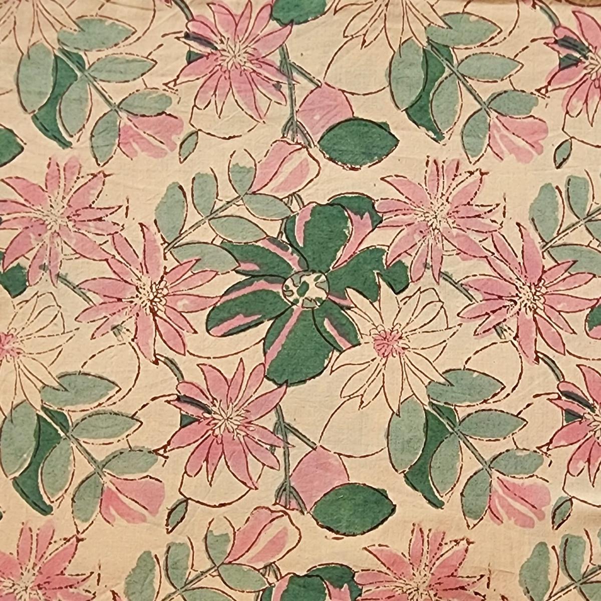 Pure Cotton Jaipuri Beige With Green And Pink Flower Jaal Hand Block Print Fabric