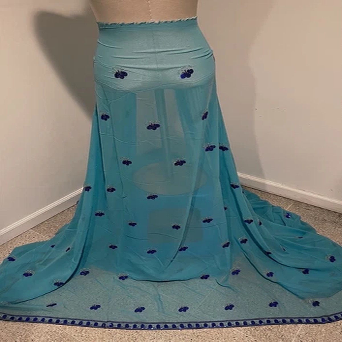 Teal Royal Blue Embroidery Sequins Chiffon Fabric 50 Width Sold By The Yard