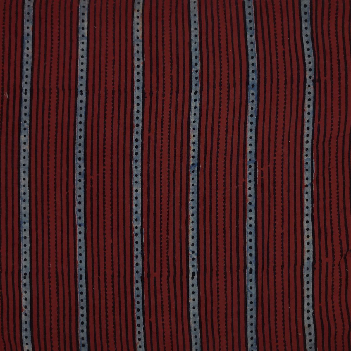 Pure Cotton Ajrak Rust With Blue Black Border Stripes Hand Block Print Fabric