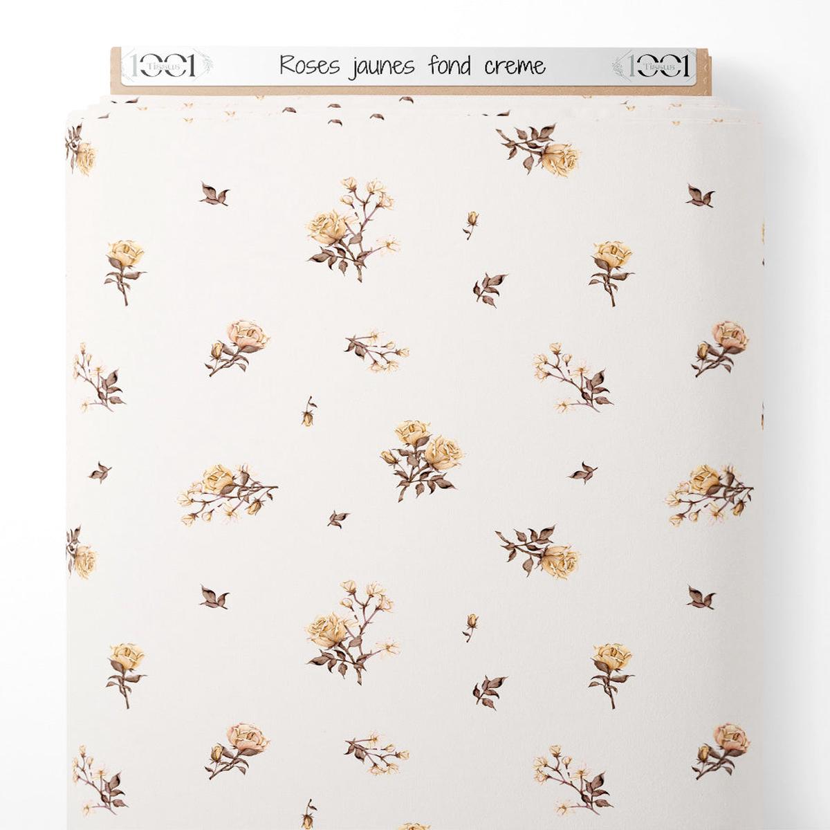 Tissu - Roses jaunes sur fond crme