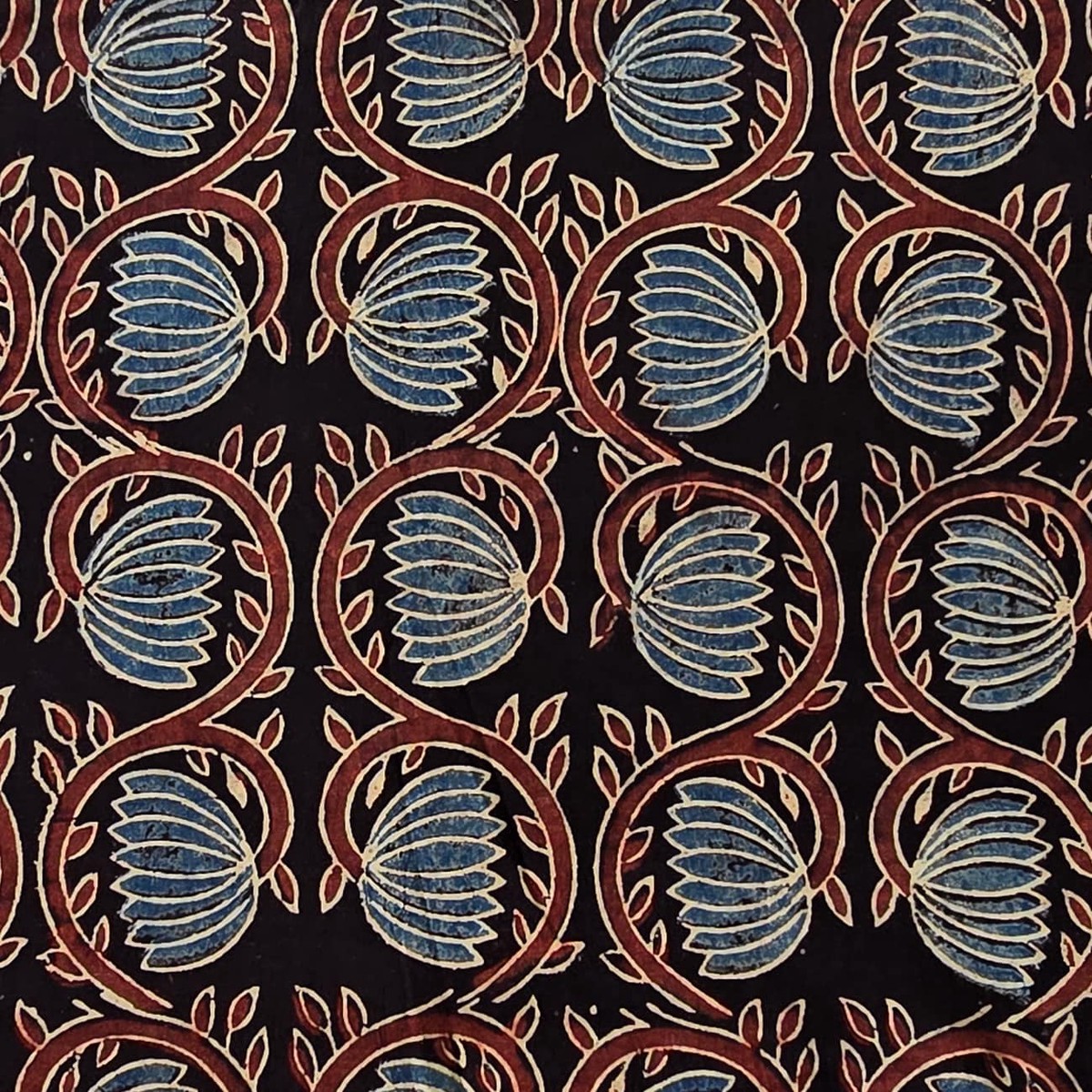 Pure Cotton Ajrak Black With Blue Lotus Jaal Hand Block Print Fabric