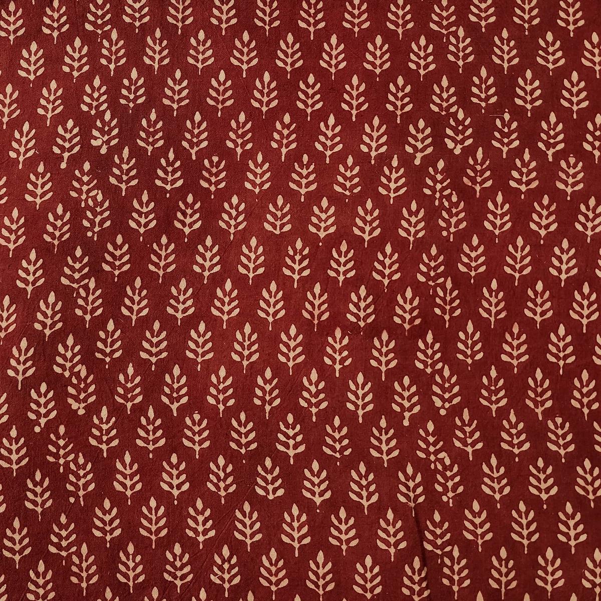 Pure Cotton Ajrak Rust Red With Cream And Grass Motif Hand Block Print Fabric