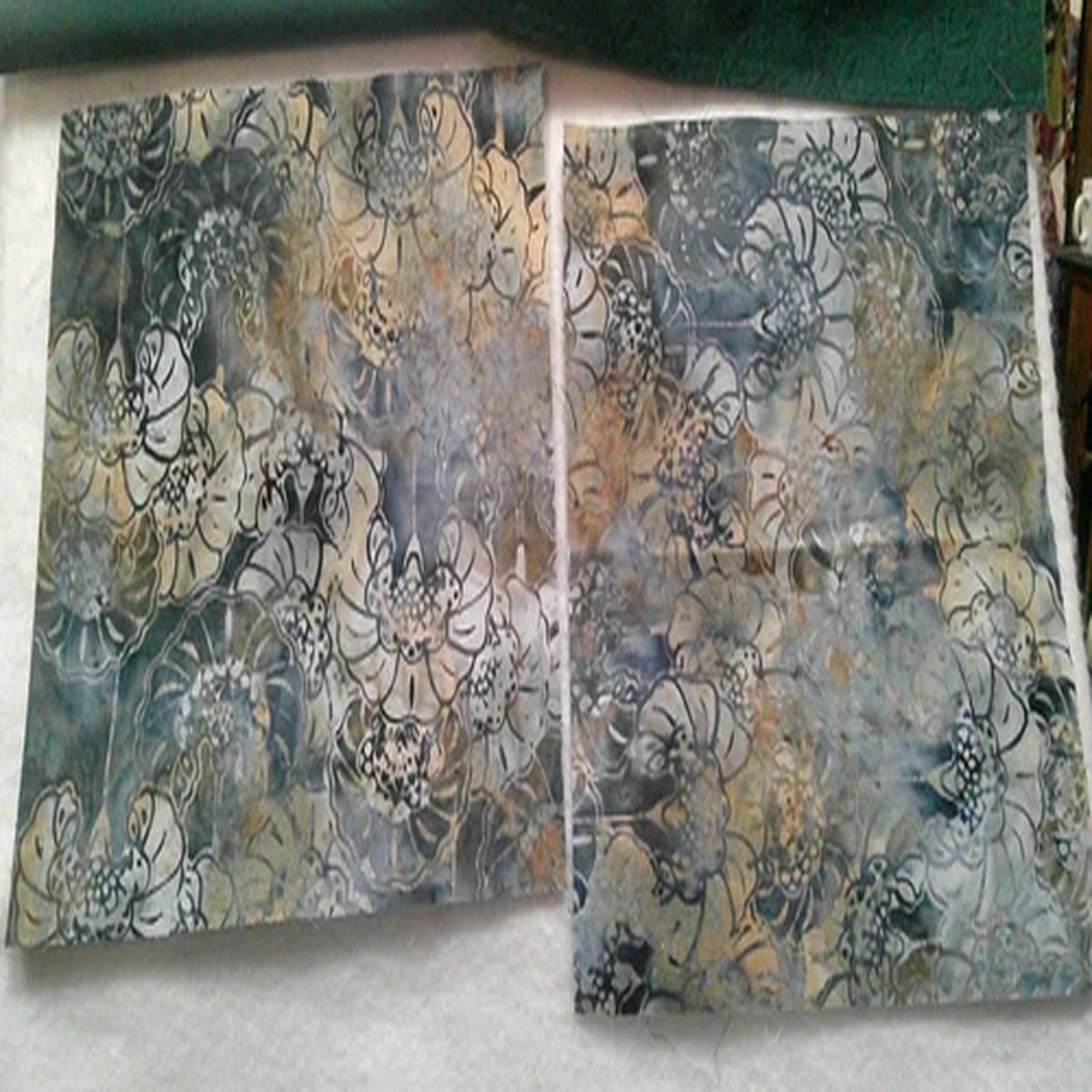 Fabric Hoffman 9-1/2" Sq Batik Flowers Gray Steel Blue Wheat $2.50/each