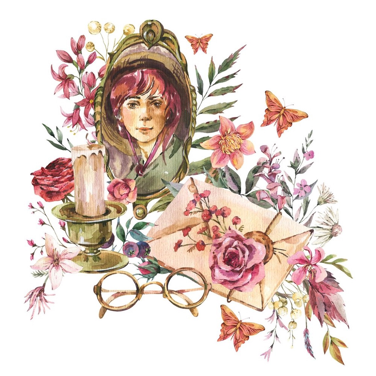 Vintage Woman Portrait Wildflowers Fabric Panel
