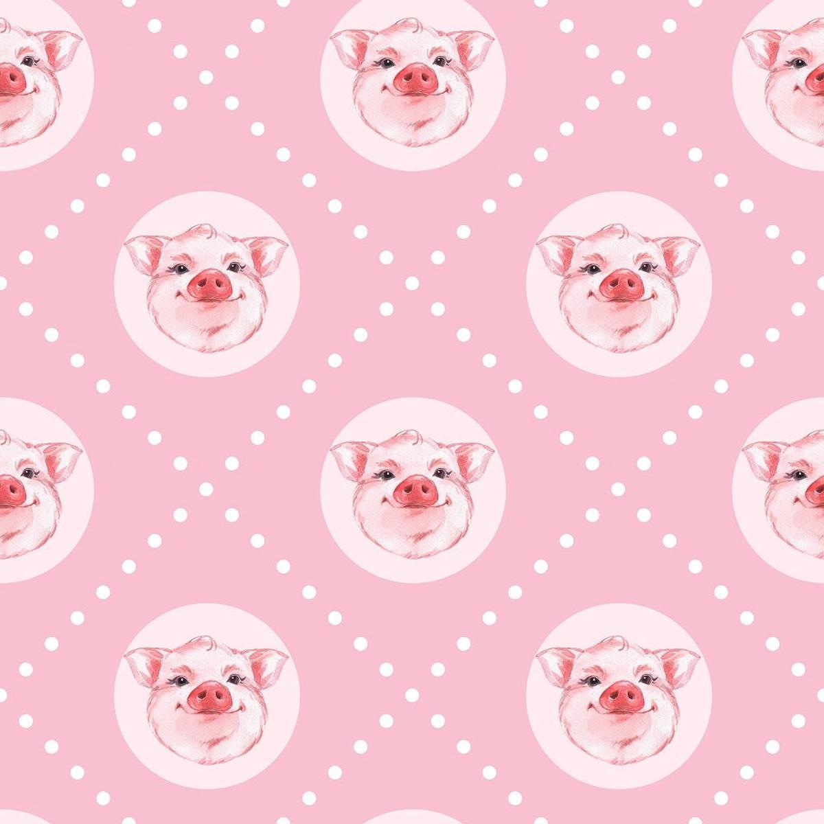 Watercolor Pig Faces on Diagonal Dots Fabric