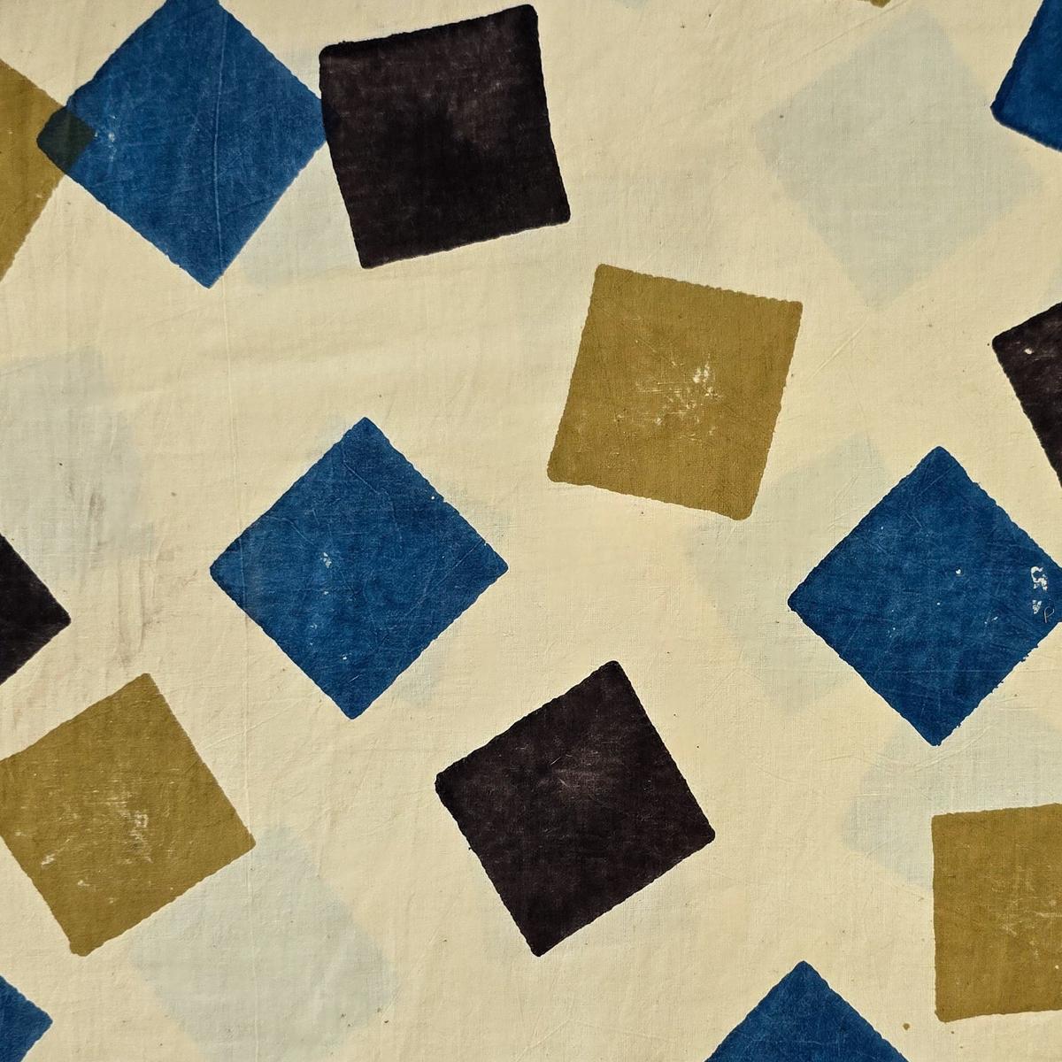 Pure Cotton Ajrak Cream With Blue With Black And Mustard Square Design Hand Block Print Fabric