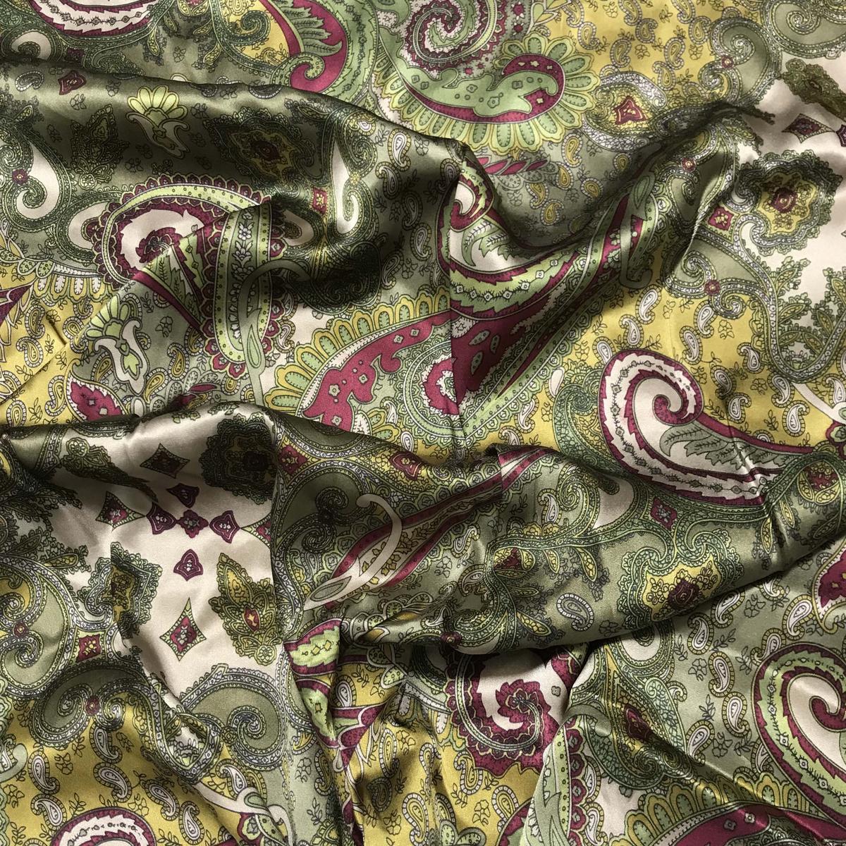 Olive Green Paisley - Silk Charmeuse - 1/4 Yard by 45"