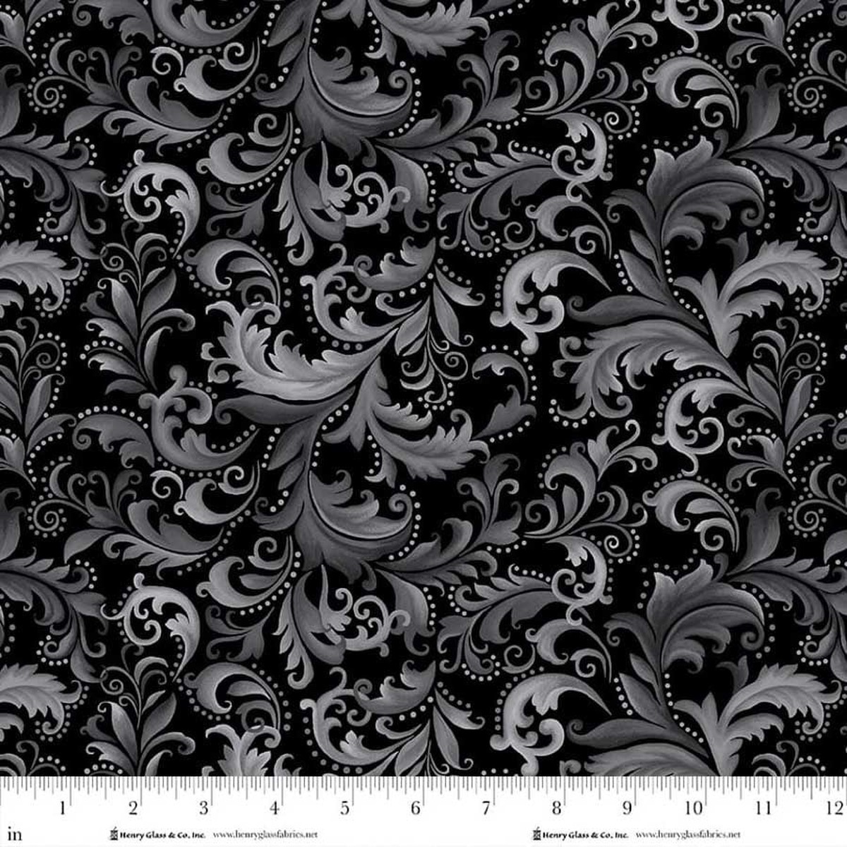 Fabric Henry Glass Black Scrolls Scarlet's Treasure by the Quarter Yard 3643-99