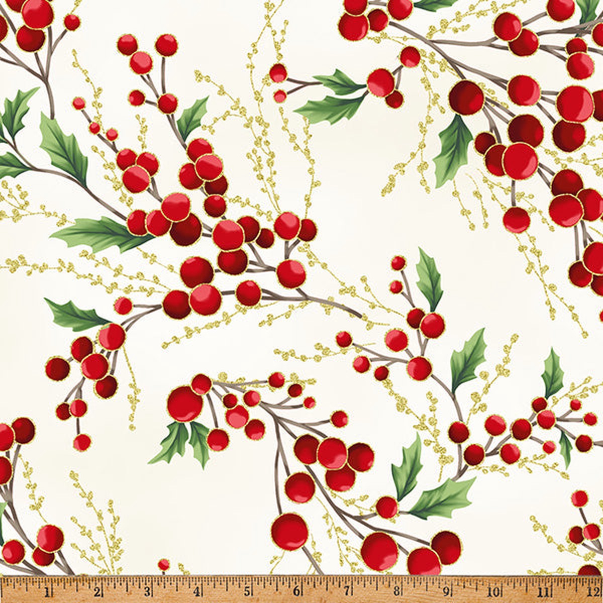 Fabric Hoffman Natural/Gold Holly Berry Sprigs Christmas Wish Metallic by the Quarter Yard Y7821-20G