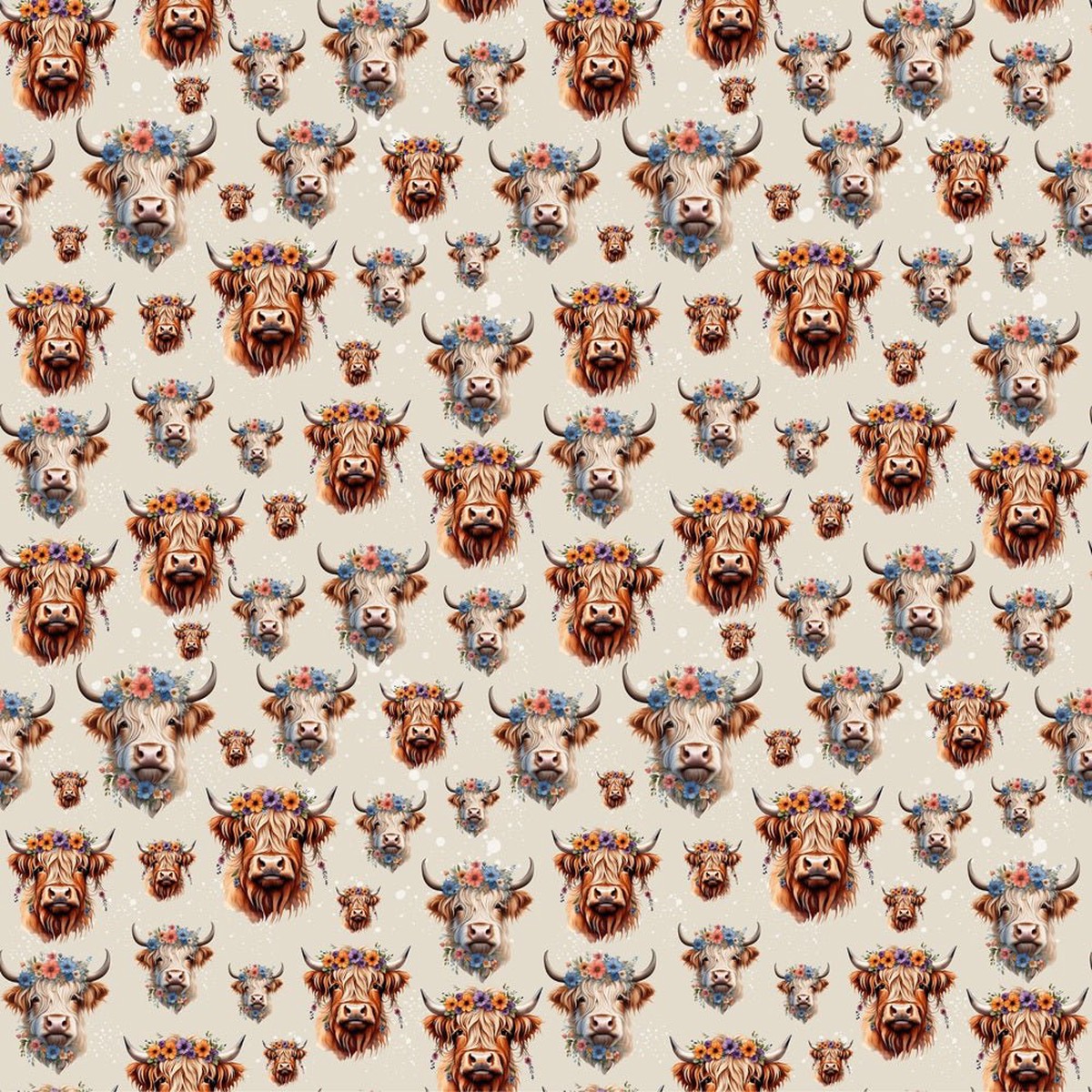 Highland Cows Flower Crowns Fabric - Tan