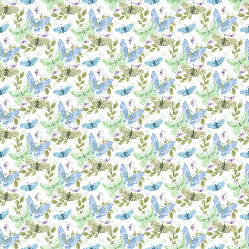 Butterflies on Floral Fabric - White