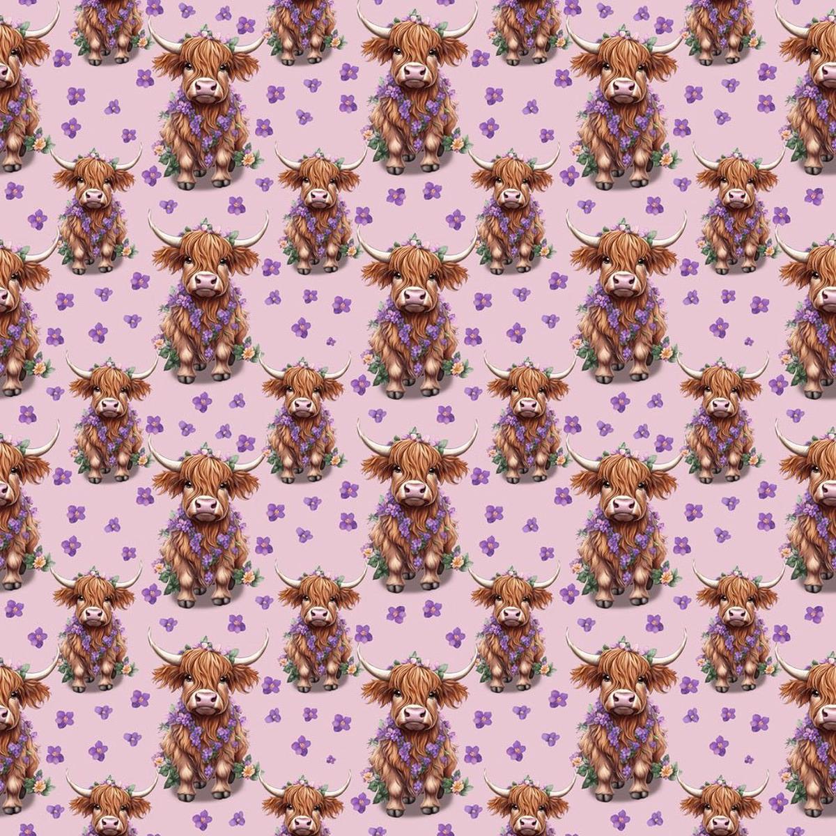 Highland Cows Flower Necklaces Fabric - Pink