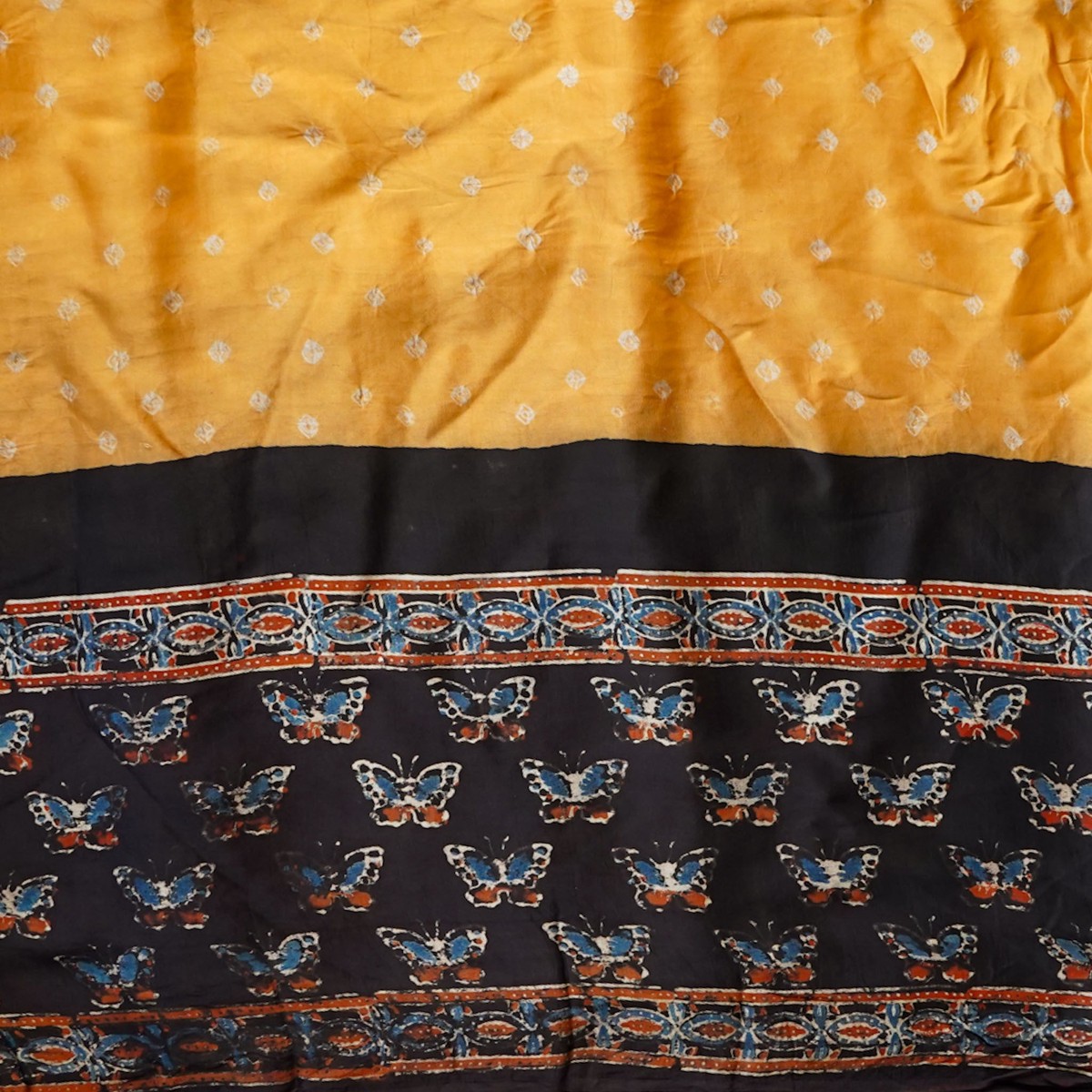 Modal Silk Ajrak Black With Mustard Bandhani Fabric