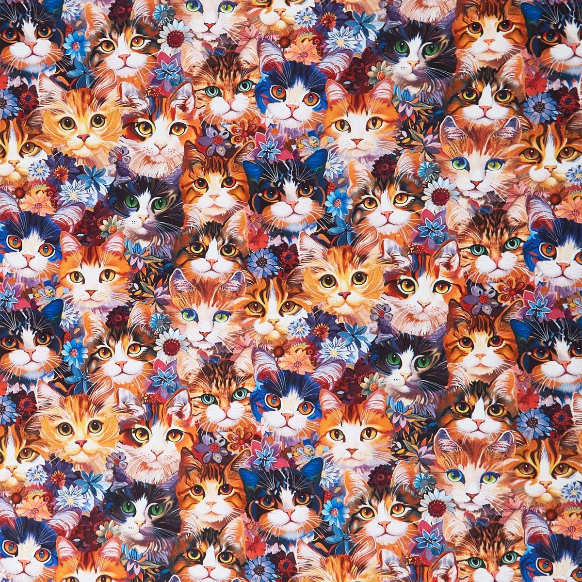 Calico Cat - Packed Cats & Floral Natural Yardage