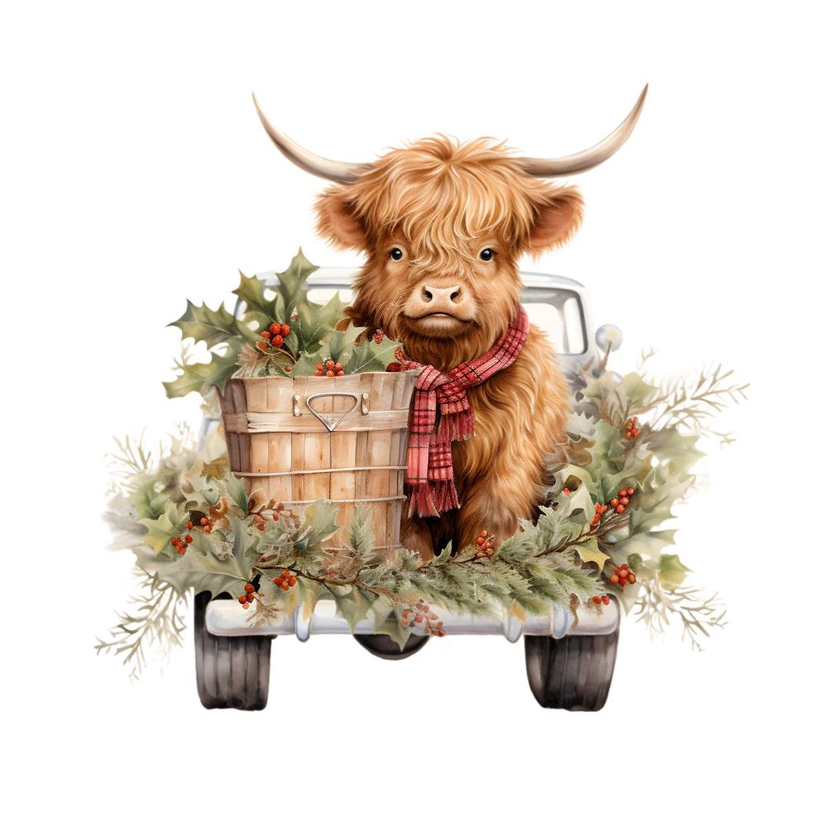 Christmas Highland Cow Scene 3 Fabric Panel