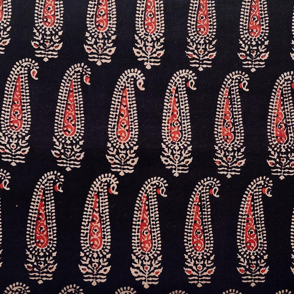 Pure Cotton Vegetable Dyed Black With Red Cream Big Kairi Hand Block Print Fabric