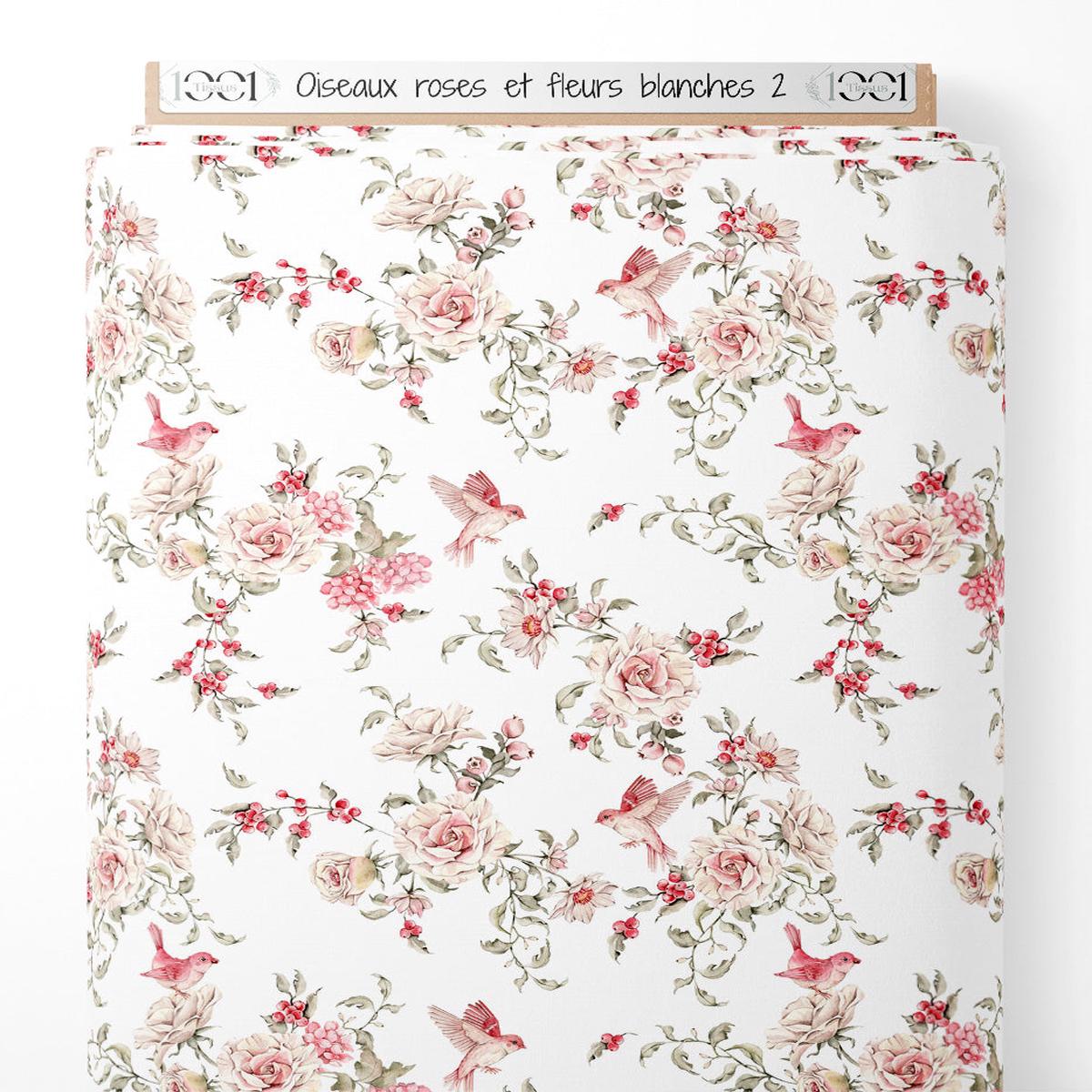 Tissu - Oiseaux roses et fleurs blanches 2