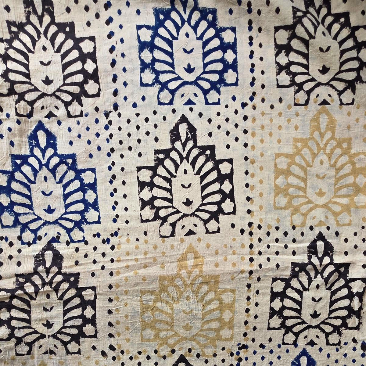 Pure Cotton Ajrak Cream With Black And Blue intricate designs And Dot Hand Block Print Fabric