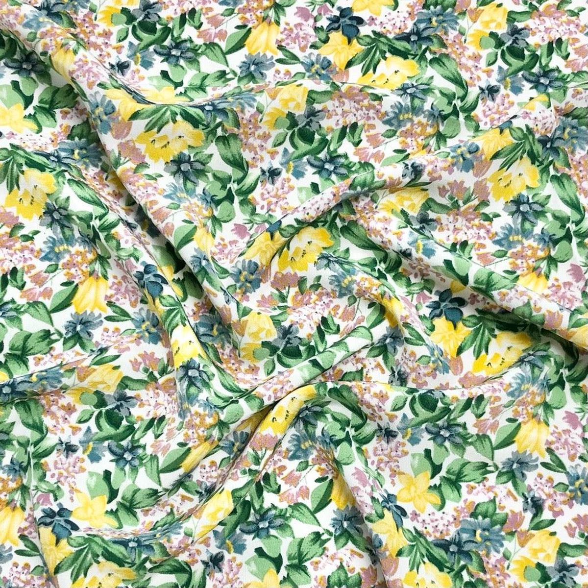 Yellow and Green Floral on White Polyester Crepe Fabric