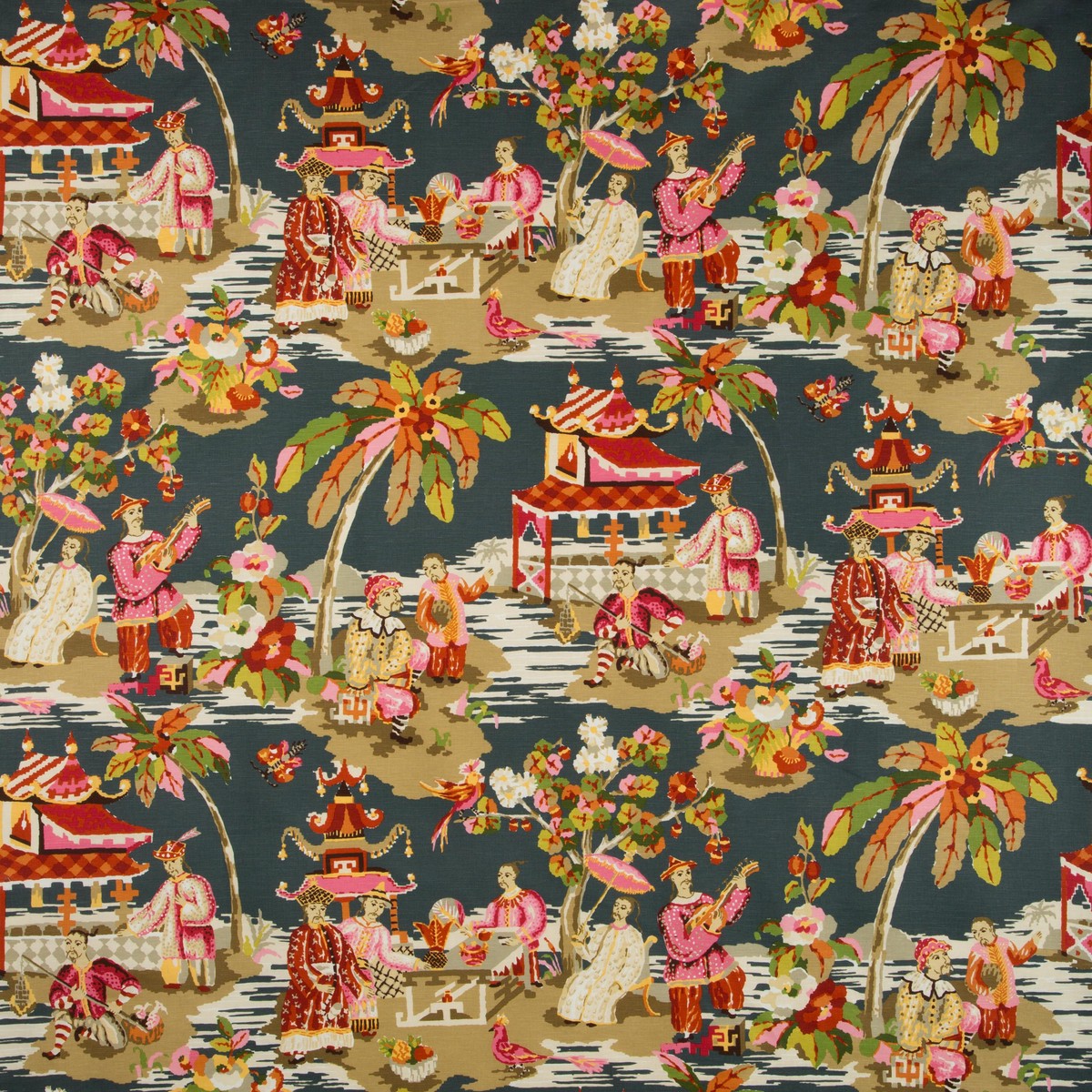 Brunschwig Fils Xian Linen Cotton Print GreyPink Fabric