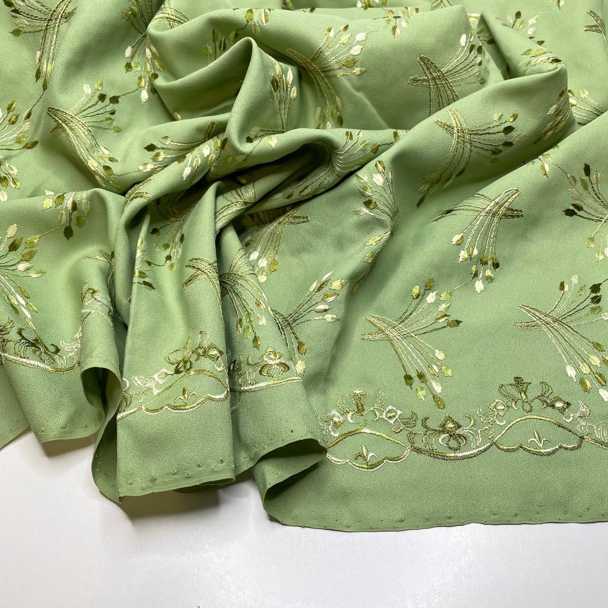 Lilly Pad Whisper - Embroidered Crepe Poly Woven - Light Green Grass Fronds Border - 1.1M Bundle