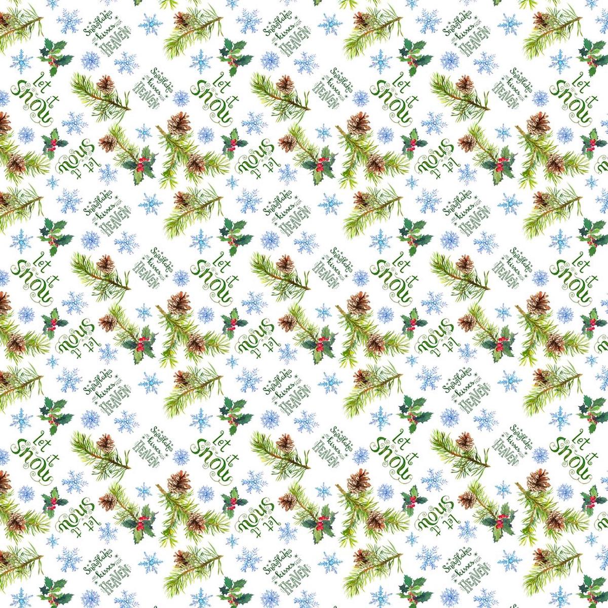 Let It Snow Pine Branches Fabric - White