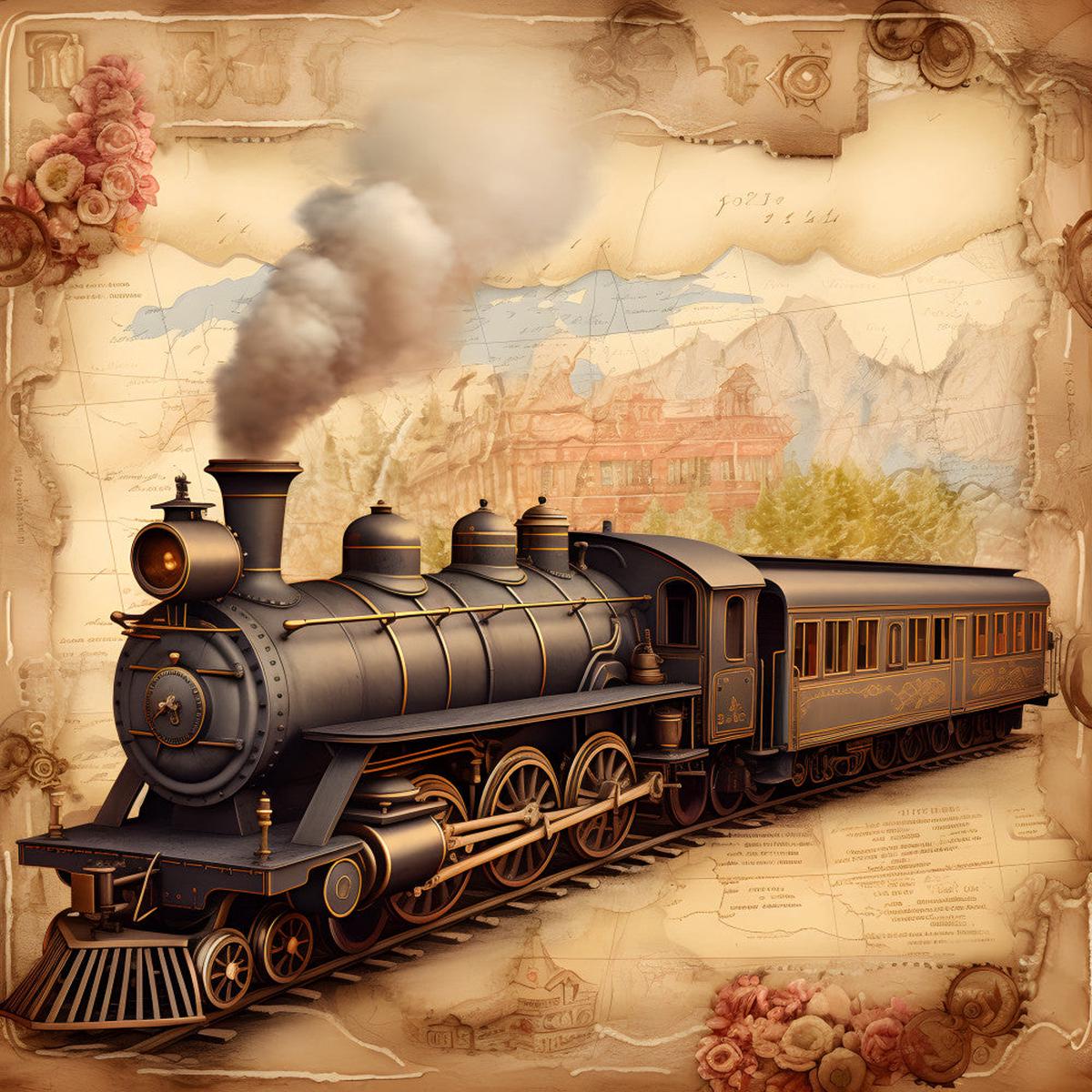 Shabby Chic Steampunk Train Fabric Panel 6